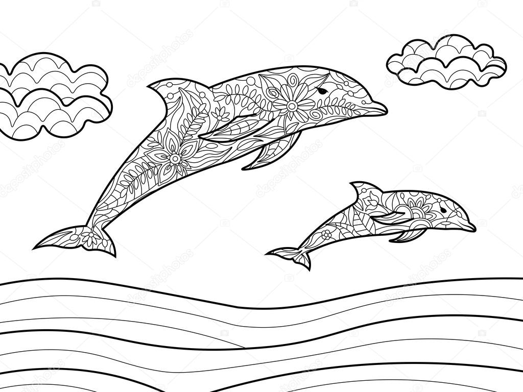 Раскраски антистресс дельфины