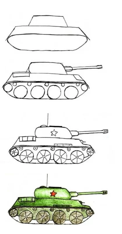 простая пошаговая схема рисования танка для ребёнка