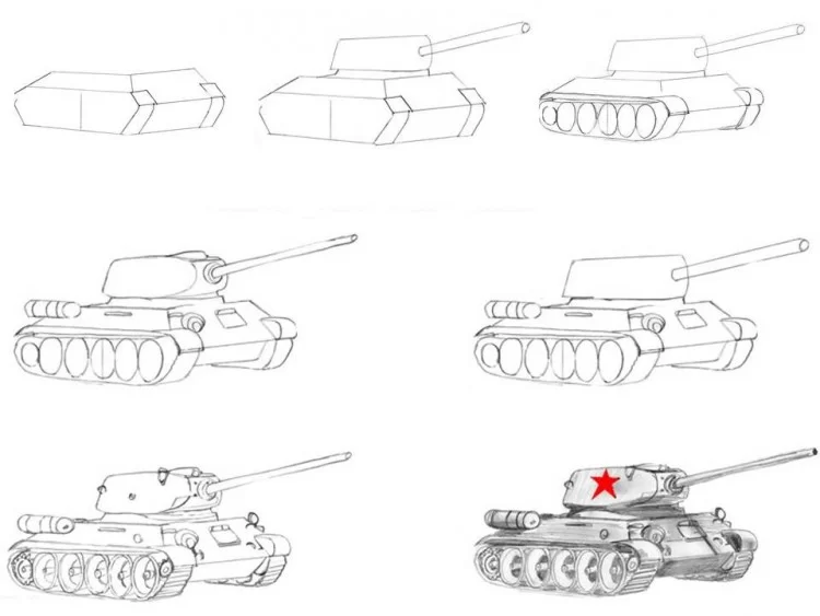 Сложная пошаговая схема рисования танка для ребёнка